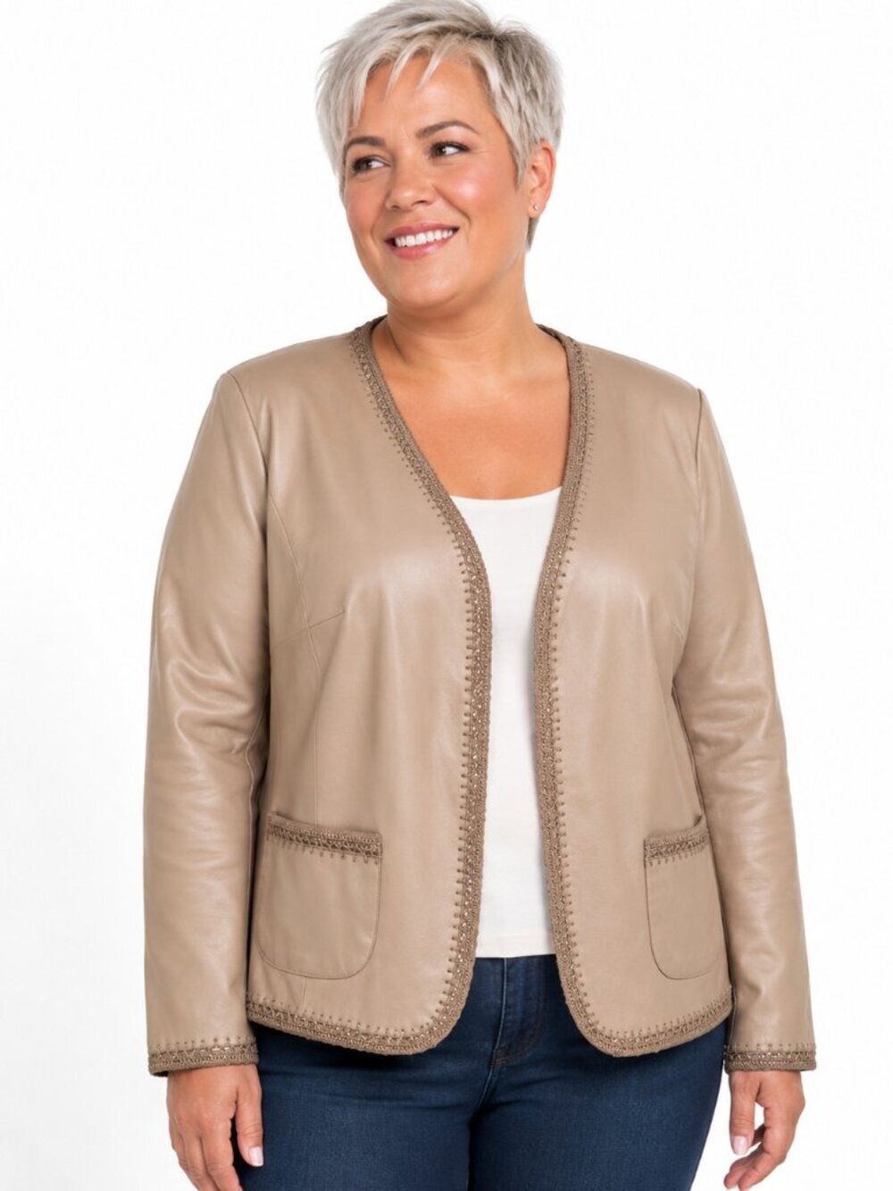 Nine West Woman Tan Crochet Trim Leather Jacket